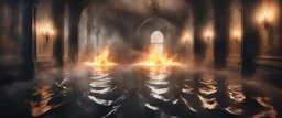 Hyper Realistic flood water wave splashes inside a haunted hallway of a huge castle with flame torches on wall at night with light rays from window