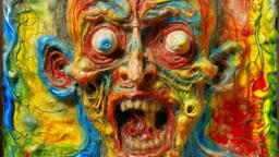Grotesque character emerging from textured encaustic surface, deformed facial features sculpted in hot wax, exaggerated gestures frozen in the translucent medium, abstract patterns scratched away revealing intense colors, overlapping layers creating visual depth, fusion of humor and ancient technique, cartoonish surrealism style