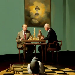 Putin, President Xi Of China And Joe Biden Play Chess With A Pigeon,Ufo And Atomic Bomb Mushroom Cloud,Complex Surgical Instruments Intermixed With A Newborn Boy,Minimalism,Painting By Adrian Ghenie,Rene Magritte,Pablo Picasso,Michelangelo,Salvador Dali,Lucian Freud