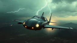 a high definition screen shot of a jet-fighter vw-beetle, retrofuturistic, phototrealism, in flight, one subject, thunderstormncc 1701 enterprise Macabre Rapture End of days Revelation scene,