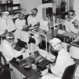 scientists at the computer in carnival masks. the masks are checkered.