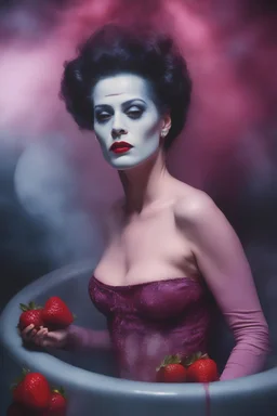 full body portrait - the bride of Frankenstein, wearing a pink, bikini in a hot tub - 32k, UHD, 1080p, 8 x 10, glossy professional quality digital photograph - dark blue and dark red, and light maroon and purple and foggy black gradated background with a paint splattered wall, strawberries, stars, planets, galaxies, an assortment of bright, colorful floral arrangements, black roses, blue roses, red roses, yellow roses, pink roses, dandelions, honeysuckle roses, tulips, carnations,