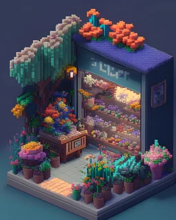 prototype of isometric diorama, 8-bit, overflowing flower shop, particle effects, 2.2 gama, sony a7r7, Tamron 10-24mm f/3.5-4.5, ISO 3200, extremely detailed, 8k texture, lots of flowers and vibrant plants