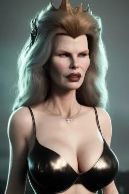 Kim Basinger as evil queen in black leather, busty, cleavage, curvy, angry, stern look. character design by cory loftis, fenghua zhong, ryohei hase, ismail inceoglu and ruan jia. unreal engine 5, artistic lighting, highly detailed, photorealistic, fantasy