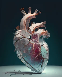 Realistic anatomical heart made of glass shattering into pieces