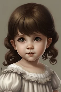 niña de tres años animada de tes blanco ojos marrones , pelo lacio y flequillo marron , con ojeras, y nariz larga, con vestido blanco.
