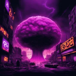pos-apocalyptic cyberpunk city with destroyed buildings, a plubicity showing the number "2222", illuminated purple neon, dark, high contrast, at distance a gigantic atomic mushroom cloud from a nuclear device, upfront a desesperate crow trying to escape from radiation