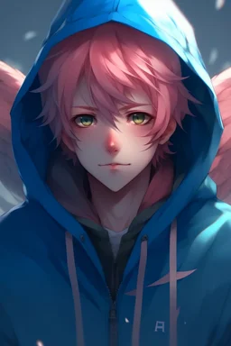 An anime man with messy short pink hair and narrow blue eyes wearing a hooded jacket. He has feathered wings. Realistic.