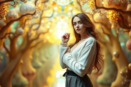 si fi a 3d recursive mandlebore fractal environment color and light an extra beautiful supper modern ukrainian girl wearing modern clothing gracefully posing full body shot