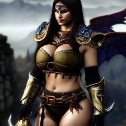 ultra detailed fullbody Portrait in oil on canvas of a beautiful busty woman with Skyrim Dragon priest mask and armor,extremely detailed digital painting, extremely detailed face,crystal clear Big eyes, mystical colors ,perfectly centered image, perfect composition,rim light, beautiful lighting, 8k, stunning scene,extremely sharp detail, finely tuned detail, ultra high definition raytracing, in the style of robert e howard and pablo oliveira and Ken Kelley and Ohrai Noriyoshi and Simon Bisley