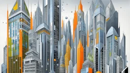 A futuristic cityscape with tall, angular skyscrapers and unique architectural structures in varying shades of grey, yellow, blue, green and orange, the buildings have intricate designs and patterns, creating an architecturally avant garde visual appearance.