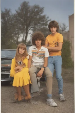 full color image, 1980's yearbook photo, teenager, Shaggy and Daphney and Scooby Doo the dog, 14 years old, photorealistic, --ar 9:16 --style raw