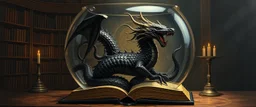master oil painting by Escher and Giger, ancient library book obsidian fluffy chrome black serpent dragon inside huge transparent vase and with gold, master 3d models, book of the dead, flash rune symbol, king of hate and media, rally army