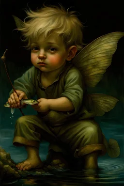 Masterpiece, ((Ottfried Preußler, the little water sprite)) the young little water sprite (boy) is sitting on the back of a big huge carp (fish) and glides with him under the water complete figure, flawless, full body shot, by Baptiste Monge, by Daniel Merriam, by Brian Froud, by Beatrix Potter, by Nicoletta Ceccoli, by Kinuko Y. Craft, by David Laurence, by Arcimboldo