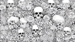 tracery of flowers and skulls, black and white, Maximum minimalism