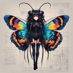 full body portrait illustration , long hair, with detailed blueprints and engineering schematics of a walking hybrid Madagascan sunset moth insect girl, antennae, neck fur, black sclera, in anime style, with highly detailed facial features, drawings, and technical notation, 8k, vibrant natural colors