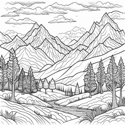 Outline art for coloring page with a cute mountain landscape white background, sketch style, only use outline, clean line art, white background, no shadows, clear outline