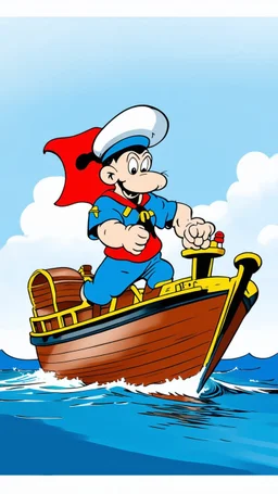 Popeye the sailor on his awesome boat, anime, airbrush with pen outline