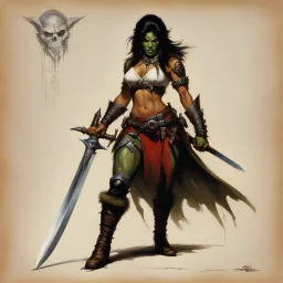 ConceptSheet [by Boris Vallejo]: woman orc assassin and her dagger with AD&D statistics