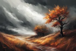 [Windy autumn day (stormy weather). The Power of Nature in Action]////////// digital painting hyperdetailed high contrast action low light Pale colors