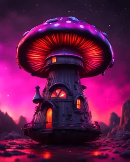 An illogical floating mushroom house on a clear moonless night. . Bright Bold Bright Colors, pink red orange black, Starry Dark cosmic interstellar. Detailed Matte Painting, deep color, fantastical, intricate detail, splash screen, hyperdetailed, insane depth, concept art, 8k resolution, trending on Artstation, Unreal Engine 5, color depth, backlit, splash art, dramatic, High Quality Whimsical Fun Imaginative Bubbly, perfect composition