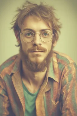 hippie young man with glasses of colours and poor and short short short and poor hair on the head with receding hairline. Farsightedness glasses with big eyes. Shirt beard in the head. Vintage look and feel like photo style-of the 70s