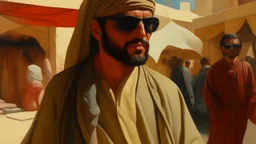 takistan life, oil painting. dr arab cover 1970, closeup dnd style. sunglasses, cape. lawrence of arabia. marketplace, shooting food.