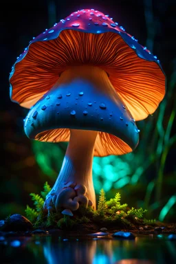 luminous backlit glowing cave mushroom, drops, blue neon lights inside the mushroom, faded, Cinematic lighting, Volumetric lighting, Epic composition, Photorealism, Bokeh blur, Very high detail, Sony Alpha α7, ISO1900, Character design, Unreal Engine, Octane render, HDR, Subsurface scattering