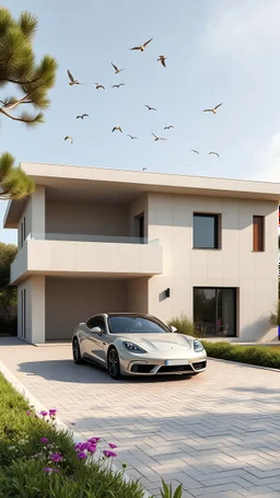 Modern villa 350m2 business class in Spain. House with a flat roof, two-story. Elegant car under a canopy. in the foreground paved driveway. Competitive development project in the style of Japanese minimalist architects. The facade of the house is light polished concrete with fine stone infill. There are many wooden inserts on the facade. Small windows. Dark frame of windows. Midday, clear sky, several birds in the sky. gloomy vegetation, lush decorative vegetation, wildflowers. Archdaily style