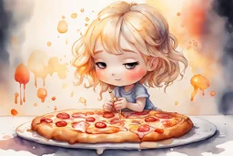 beautiful composition, a blonde chibi girl dreaming about pizza and cake, melting watercolor and black ink outlines on wet paper, soft, shading strokes, in sunshine, ethereal, otherwordly, cinematic postprocessing, bokeh, dof