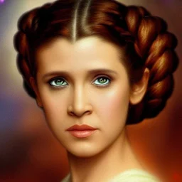 photorealistic princess leia in star wars ,braided hair, hazel iris, illustration on coarse canvas by Thomas Moran , ornate and intricate details