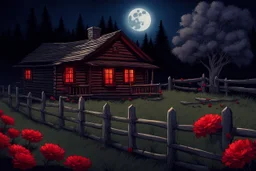 Dry trees, night, full moon, cabin, yard with red flowers, fence, background pc