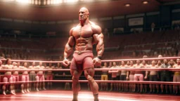 Highly detailed wide shot of Dwayne Johnson posing in a boxing ring, realistic, muscles, buff, flexing, pink, skirt, dress, eyebrows, large crowd