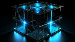 Cube tesseract located strictly in the middle of picture with space around it and with glow in tesseract, but without glow below it, without background or table.