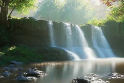 Waterfall, sunny day, impressionism painting