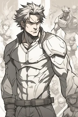 Create the An image of a man drawn in a dynamic style that captures the essence of animation and motion. The artwork showcases the technical and aesthetic details that make it stand out. The character's traits are prominent, and the black color dominates the character, creating a sense of depth and density. The brown background contrasts with the character's features, making them more visible. The character's eye is especially captivating, as it reveals the fine details of the illustration. The