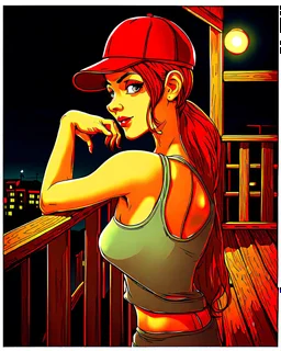 woman with a red baseball hat. leaning on a wooden balcony. night time. fantasy. cartoon. studio lightining.