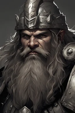 Dungeons and Dragons portrait of the face of a dwarven barbarian with silver armor and a thick black warhammer
