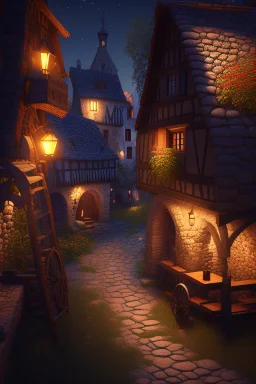 Small medieval village by night extremely detailed high definition crisp quality Unreal Engine VRay