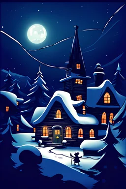 Illustrate a Christmas cartoon adventure scene with fine dark color, in the night