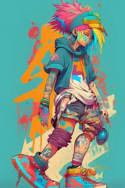 streetwear, character, character design, Tatfiresou art style, bandana, colorful hair, sneakers, skateboard