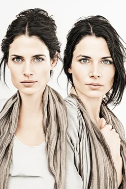 Stunning natural true colors professional photography on white background showing incredibly beautiful 32-year-old European woman. (She has white skin, tousled black hair, pretty face without makeup, big round brown eyes, cute profiled nose, detailed full lips.) (She's not wearing earrings, necklaces, jewelry or body accessories.) (Show the womans face in natural head pose within the boundaries of the photo. make half of the face 15 years older.)) (((realistic skin tones, skin texture))