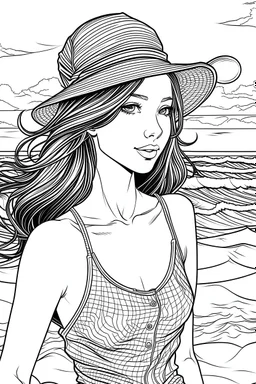 generate a coloring page of pretty girl going to the beach same style art as image i just upload but in white and black