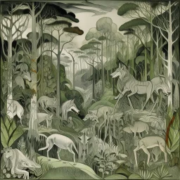 Gray woodlands with wolves, frogs, and centipedes painted by Raymond Duchamp-Villon