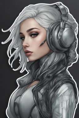 a sticker with a drawing of a woman's face, cyberpunk art inspired by Marco Mazzoni, Artstation, fantasy art, fantasy sticker illustration, intricate digital artwork, cyborg - girl with silver hair