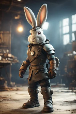 portrait of viking rabbit with helmet & boots in fallout 4 setting, bokeh, downlight, prize winning, depth of field, trading robot monster in background, stereoscopic cartoon