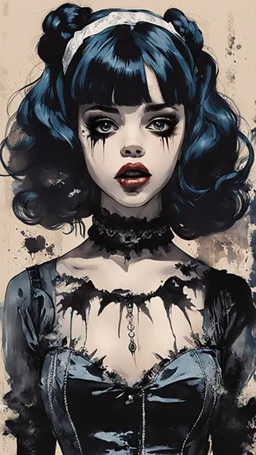 Poster in two gradually, a one side malevolent goth vampire girl face and other side the Singer Melanie Martinez face, full body, painting by Yoji Shinkawa, darkblue and sepia tones,