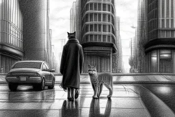 one single mature cat walking on the street, thoughtful, mourning, model style, hyper realistic, extremely accurate, delicate, extremely detailed, Graphic novel style, wide-angle, open aperture, superfine pencil