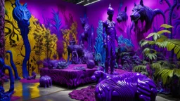 A purple jungle with a toxic river designed in Maori sculptures painted by Andy Warhol
