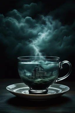 dark Storm inside a glass teacup, random background with dark colors and pale blur lights, sinister, ethereal fantasy hyperdetailed, mist, surreal, crepy stunning